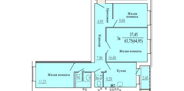 Планировка трехкомнатной квартиры литер 15.3 63.75